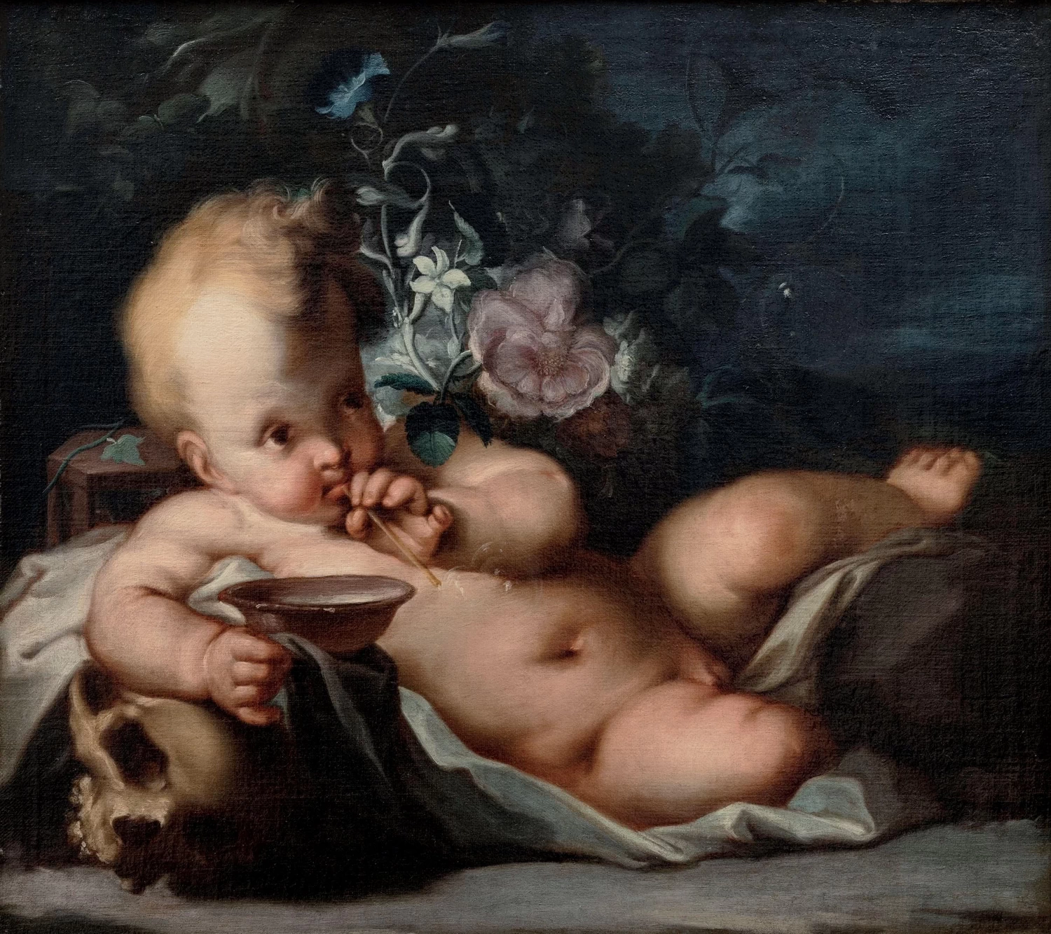 Vanitas con putto e bolle di sapone